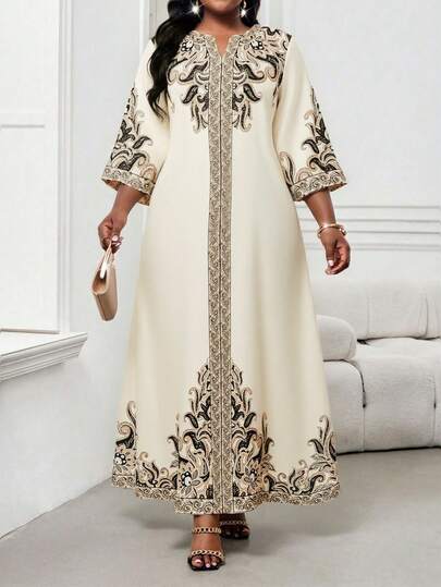 SHEIN Lady Plus Size Elegant Vintage Mönstrad Klänning med Skårad Halsringning