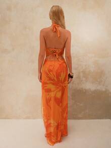 Swim Oasis 3pcs Set: Printed Spaghetti Strap Halter Bikini Top, V-Cut Bottoms, & Printed Mesh Cover Up - Multicolor - View 3