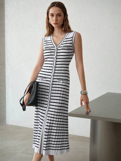 MOTF PREMIUM BLACK & WHITE STRIPED SLEEVELESS SWEATER DRESS