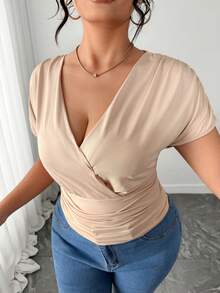 Elenzga Camiseta corta de punto de manga corta con cuello en V para mujer de talla grande, estilo minimalista - Caqui - Ver 6