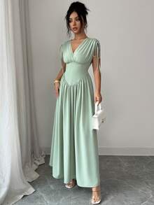 SHEIN Elenzya Women's V-Neck Oversized Inverted Triangle Waist Adjustable Drawstring Shoulder Maxi Dress, Elegant French Vintage Romantic Casual Beach Resort Style, Suitable For Valentine's Day, Afternoon Tea, Party, Spring/Summer