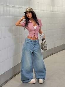 StreetHx 女士时尚休闲街头水洗斜插口袋宽松牛仔裤 - 藍色 - 查看 3