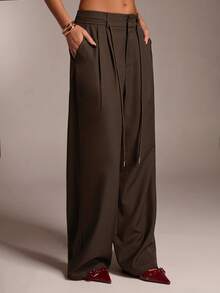 SHEIN Tall CURVE Plus Size Solid Color Drawstring Waist Slant Pocket Casual Pants Wide Leg Pants Pleated Pants Oversized Pants Brown Pants For Women,Daily Commute,Going Out,Workplace, Office - Brown - View 5