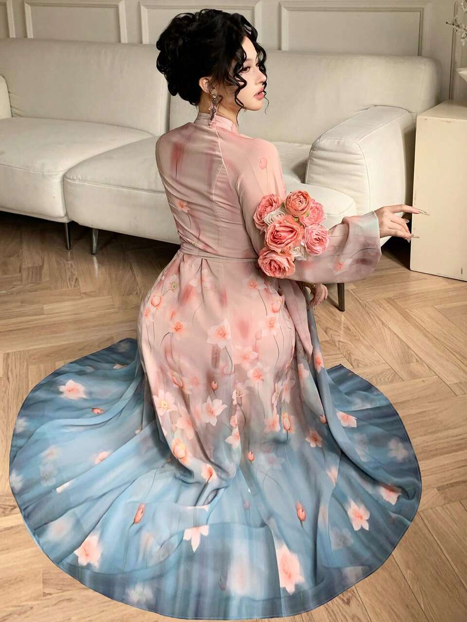 Spring & Summer Floral Print Chiffon Dress, Elegant Fit For Wedding, Party, Formal Occasion, Fashionable Commute Sundress