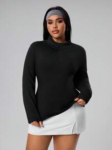 SHEIN Sports Plus Size Women's Casual Sports Solid Color Half-Zip Long Sleeve Sweatshirt - Black - View 4