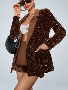 Aveloria Modichic Stylish Design Loose Sequin Fabric Patchwork Blazer Jacket  - Brown - View 7