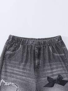 SHEIN ChillGRL 2pcs/Set Teenage Girls Sweet Numeric Print Pullover Sweatshirt Top And Heart Bow Print Denim Effect Casual Pants Set, Suitable For School, Campus, Autumn - Khaki - View 3