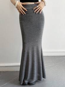 DAZY Women's High Waist Striped Mermaid Casual Skirt - Light Grey - View 2