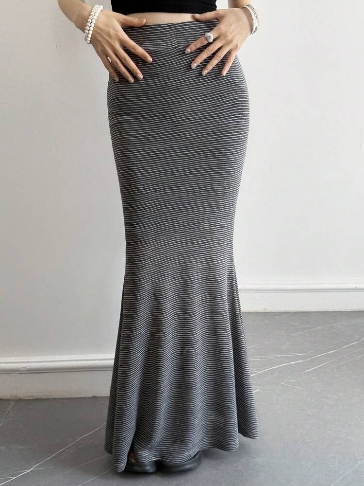 Women's High Waist Striped Mermaid Casual Skirt