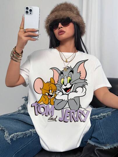 TOM & JERRY X SHEIN Plus Size Women Casual Everyday Commute Funny Cute Cartoon Letter Graphic Dropped Shoulder Loose White T-Shirt