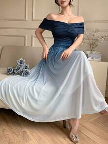DAZY Women's Elegant Ombre Off-Shoulder Midi Dress, Summer Wedding Guest Dress Sundress - Blue - View 5