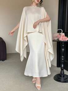 DAZY Women's Elegant Solid Color Belted Shirt & Skirt 2 Pieces Set, Spring/Summer,Wedding Guest Dress Women - Beige - View 9