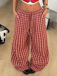 Coolane 女士春夏街头风复古外出红色格子编织抽绳腰带口袋阔腿休闲裤，适合女士休闲、沙滩、夏季和度假穿着。 - 紅白色 - 查看 3