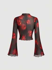 SHEIN MOD Áo lưới đen cỡ lớn dành cho nữ, họa tiết hoa đỏ, chất liệu lưới xuyên thấu màu đen, đường may tương phản, tay chuông, thích hợp cho trang phục cỡ lớn, mùa thu, áo tay chuông cho ngày Valentine. - Đỏ và đen - Xem 2