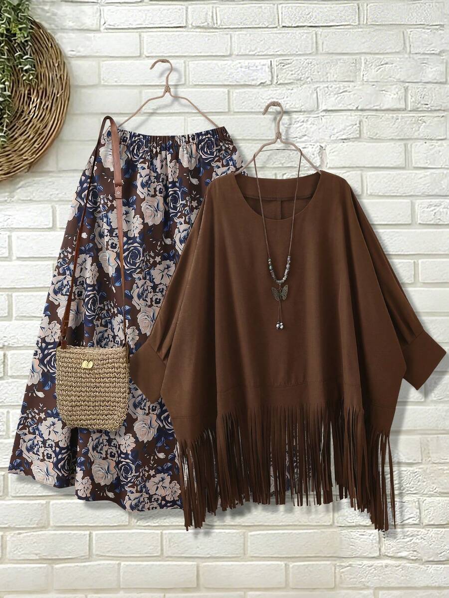 SHEIN Franclia 女士复古优雅宽松两件套，带肩带和流苏 - 棕色 - 查看 1