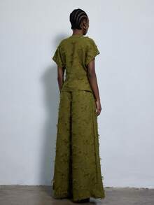 Aveloria Modichic Bộ đồ 2 món dành cho nữ: Áo cổ chữ V bất đối xứng dáng rộng, chất liệu vải dệt họa tiết và quần ống rộng, phong cách thường ngày và đa năng. - màu xanh lá - Xem 3