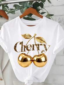 EMERY ROSE Kaos Wanita Regular Fit Warna Putih dengan Motif Ceri Emas dan Leopard Tropis - Putih - View 4