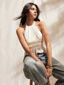 Easelle Women's Pleated Halter Neckline Waist-Tied Backless Tank Top