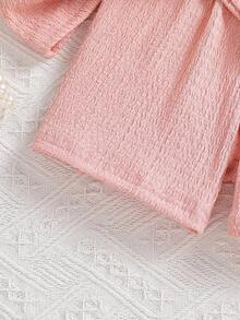 2件套女童纯色3D蝴蝶结装饰圆领短袖T恤搭配松紧腰休闲短裤，适合日常休闲和度假穿着，夏季 - 粉色 - 查看 8