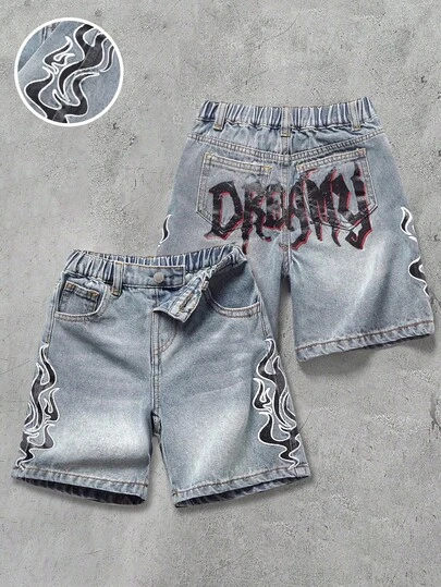 Pantalones cortos vaqueros sueltos con estampado retro vintage de araña y letras, lavado azul desgastado, para niño, estilo urbano y callejero, para uso diario en primavera/verano y vuelta al colegio, streetwear, Navidad, Año Nuevo, colección con estilo, pantalones cortos vaqueros para niño de 4 años, casuales, pantalones cortos vaqueros con gráficos, años 2000