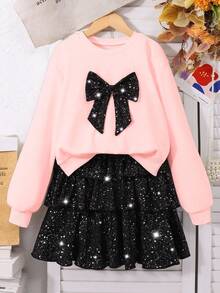 SHEIN 2件套少女休闲印花T恤和印花长裤套装，含购物袋，时尚少女装扮 - 淺粉色 - 查看 8