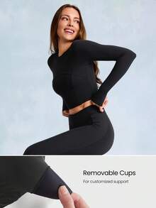 GLOWMODE FeatherFit™ Soft Stretchy Ribbed Seam-Dividing Design Long-Sleeve Tee Top Low Impact Yoga Pilates Studio Daily Casual Wear Removable Cups  Spring Summer - Black - View 4