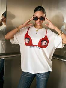 Betty Boop x SHEIN Women's Casual Bra Printed Drop Shoulder T-Shirt, Summer - White - View 10