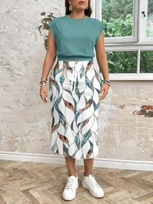 EMERY ROSE 2pcs/Set Vacation Style Blue-Green Top & Retro Geometric Colorful Print Casual Minimalist Plus Size Outfit Spring - Multicolor - View 4