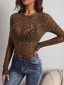 SHEIN PETITE CURVE 大尺碼女款性感豹紋透視長袖修身上衣，春夏款 - 棕色 - 查看 5