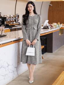 DAZY Đầm midi phối họa tiết thanh lịch mùa xuân & hè, thiết kế ôm eo, phù hợp cho hẹn hò, đám cưới, tiệc tùng, các dịp thường ngày và công sở. - Màu be - Xem 4