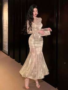 DAZY 紧身网纱闪亮正式礼服，适合情人节、婚礼、派对、宴会等场合，优雅长裙，适合春夏穿着，闪亮连衣裙，复活节吊带裙 - 金色 - 查看 6