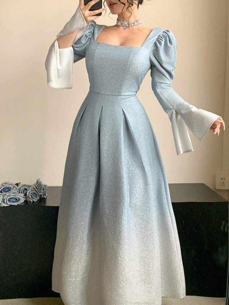 Spring & Summer Blue Ombre Tie-Dye Puff Sleeve Design Slit Elegant Party Wedding Banquet Formal Dress, Fashion Slim Fit Dress For Commute Wedding Guest Dress Sundress