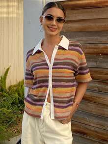 Livesso 撞色条纹Polo衫，休闲沙滩度假波西米亚风短袖T恤，女士春夏款 - 彩色 - 查看 6