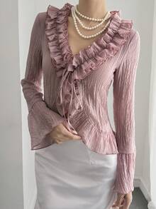 Livesso Áo kiểu hồng phối ren hoa tay phồng phối màu xuân/hè, áo sơ mi chiffon thanh lịch, thoải mái, đi biển, có dây rút ở eo, áo khoác cardigan lưới mỏng nhẹ cho nữ - Hồng - Xem 3