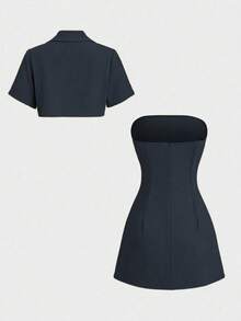 Sweetra 女士法式简约纯色短款西装外套搭配收腰抹胸连衣裙套装，适合工作和通勤穿着。 - 藏蓝色 - 查看 2