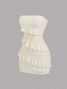 Sweetra Y2K Sexy Ruffle Hem Textured Fabric Versatile Commute & Vacation Dress - Apricot - View 1