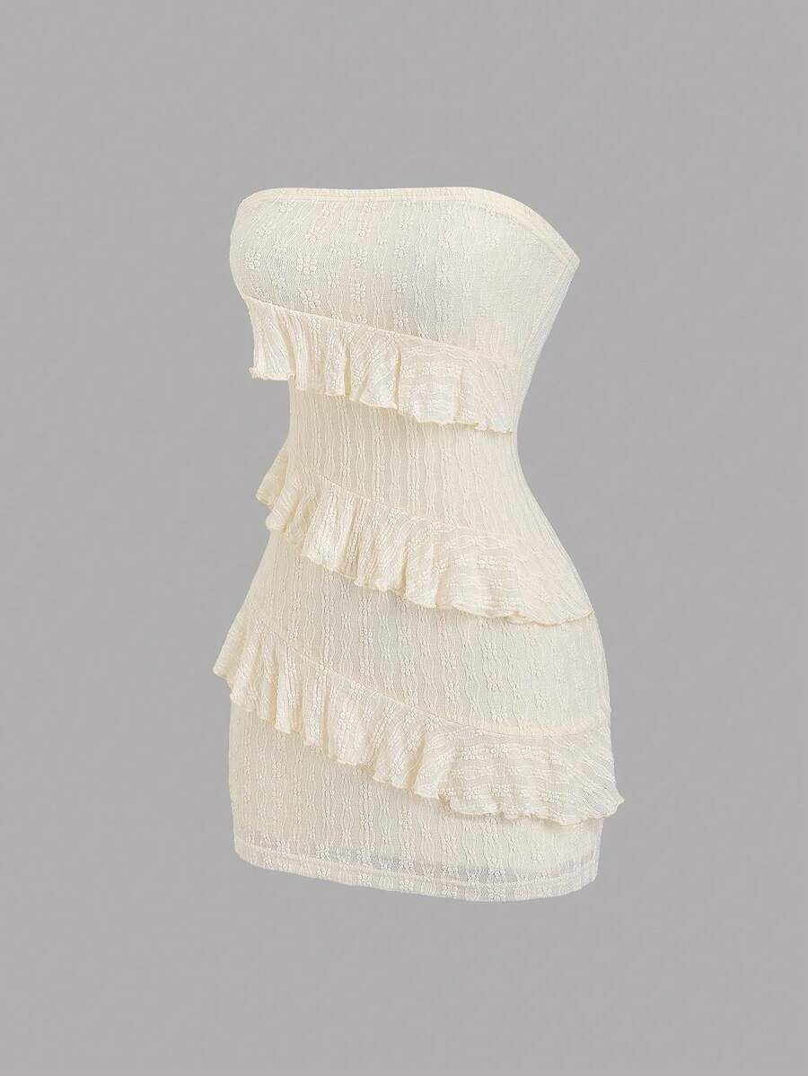 Sweetra Y2K Sexy Ruffle Hem Textured Fabric Versatile Commute & Vacation Dress - Apricot - View 1