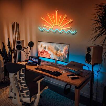 LED霓虹灯太阳和心形手势霓虹氛围灯，高透明度可调光卧室墙壁节日氛围装饰灯USB，发光图案节日氛围装饰灯，适合派对、节日和送礼，营造氛围。