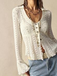 Bohemela BOHO Vacation White Lace Knit Flare Long Sleeve V-Neck Blouse For Women - Apricot - View 8