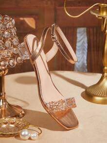 CUCCOO TILAWA 女士时尚水晶玻璃水钻装饰高跟凉鞋，适合户外活动和派对，春季鞋款，春假复活节舞会高跟鞋 - 香檳色 - 查看 3