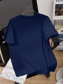 SHEIN Explorewe 男童海军蓝短袖T恤，新款夏季儿童休闲上衣，时尚棕熊图案T恤