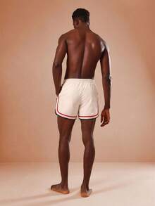 SUMWON Regular Curved Hem Beach Shorts With Contrast Piping And Logo Detail For Summer Vacation Swimwear - Beige - View 5