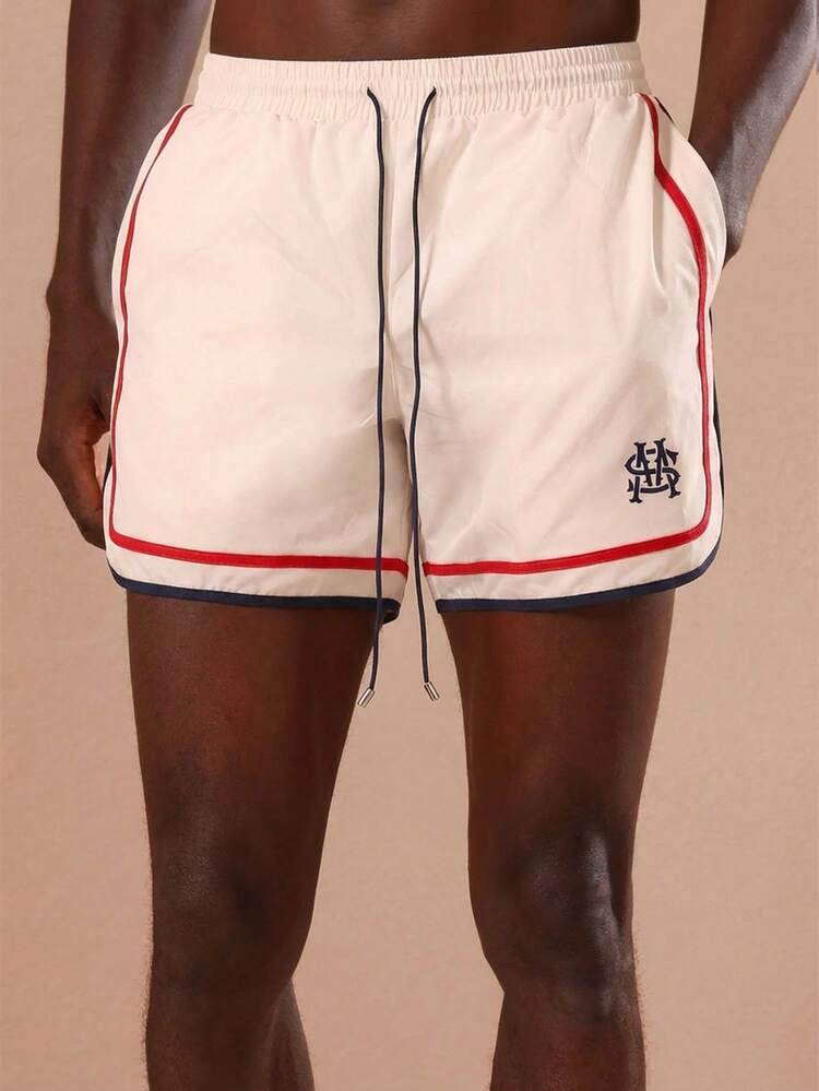 SUMWON Regular Curved Hem Beach Shorts With Contrast Piping And Logo Detail For Summer Vacation Swimwear