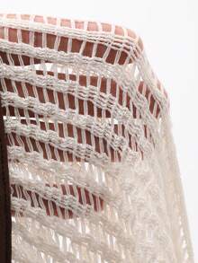 FRIFUL Women's Round Neck Open Front Mesh Contrast Trim Regular Jacket - Beige - View 8