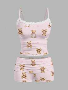 SHEIN Essnce 两件套女士蕾丝吊带背心和褶皱短裤，适合夏季穿着 - 粉色 - 查看 4