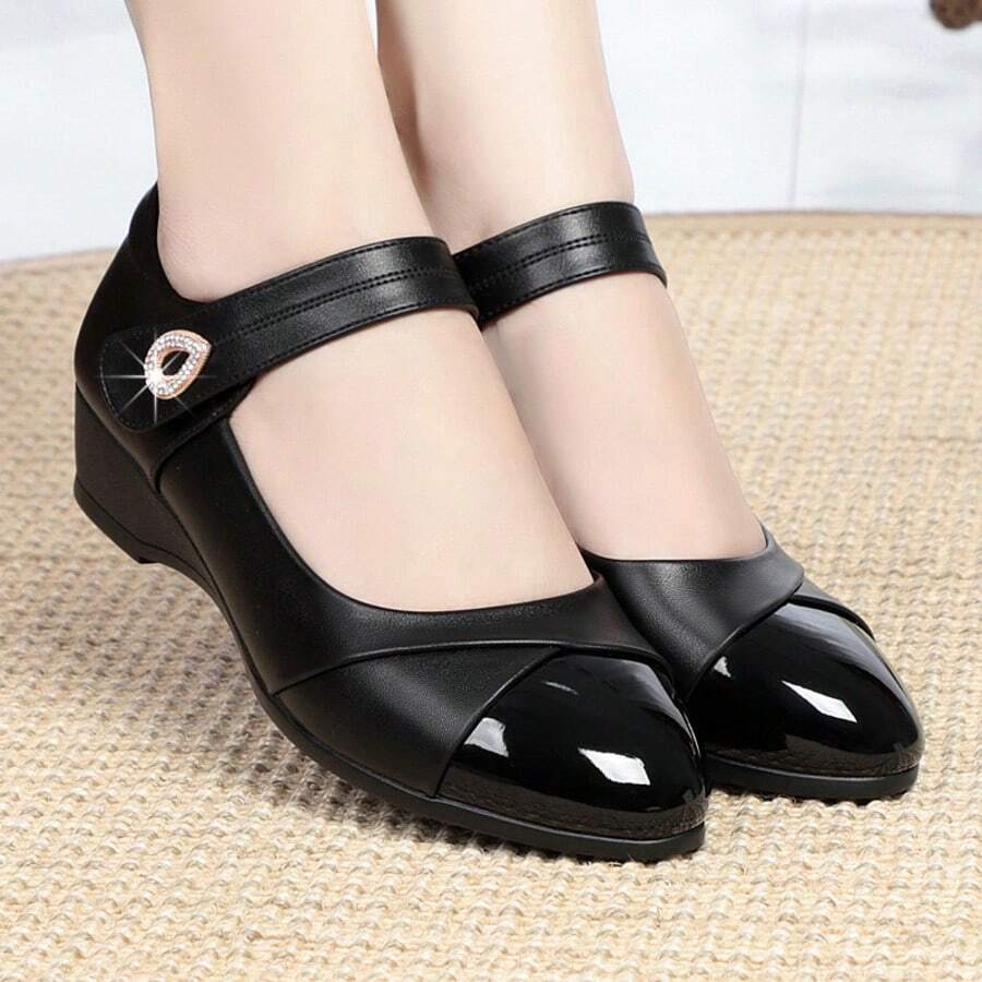 Zapatos planos cómodos de cuero suave para mujer Zapatos de cuero con tacón bajo para mujer - Negro - Ver 1