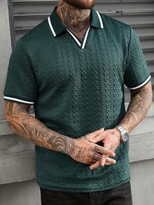 Manfinity CasualCool Men's Casual Daily/Office Commute Textured Fabric Contrast Binding Short Sleeve Polo Shirt, Summer - Dark Green - View 4