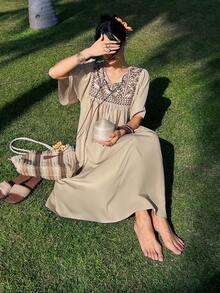 DAZY Women's Elegant Patchwork Tie-Up Ruffle Sleeve Dress, Spring/Summer Sundress Boho Vacation Outfits Women - Apricot - View 7