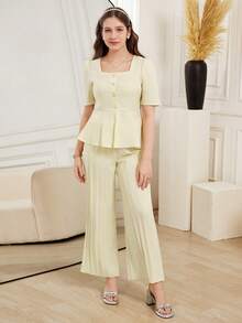 Teen GirlElegant Commuter Style Outfit, Square Collar Short Sleeve Ruffle Hem Blouse + Wide Leg Pleated Pants Set - Apricot - View 4