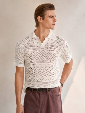 Men's Hollow Design Polo Collar Short Sleeve Casual Knit Top Old Money